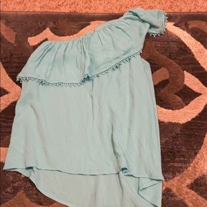 Light blue top- one shoulder